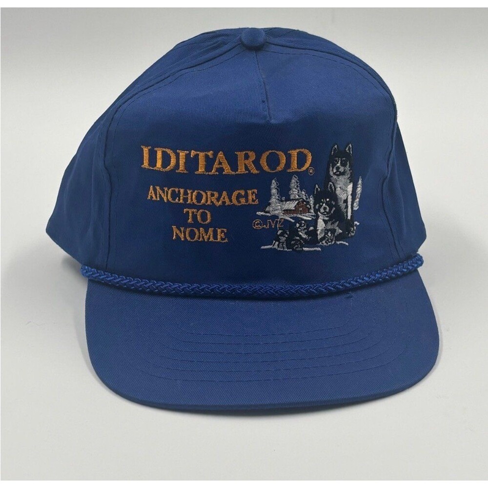 Vintage Iditarod Anchorage To Nome Sled Dog Race Snapback Trucker Hat Blue Cap